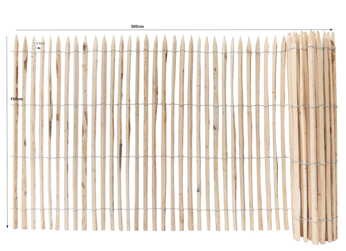 Staketenzaun aus Haselnuss – 150 cm Höhe, Lattenabstand 7-9 cm, 5 lfm Rolle