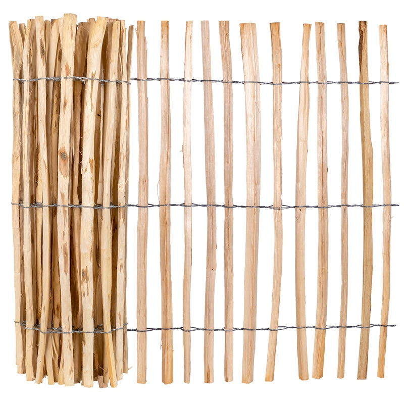 Staketenzaun aus Haselnuss – 150 cm Höhe, Lattenabstand 7-9 cm, 5 lfm Rolle