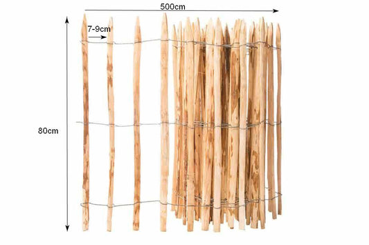 Staketenzaun aus Haselnuss mit Lattenabstand 80cm 7-9cm 5lfm