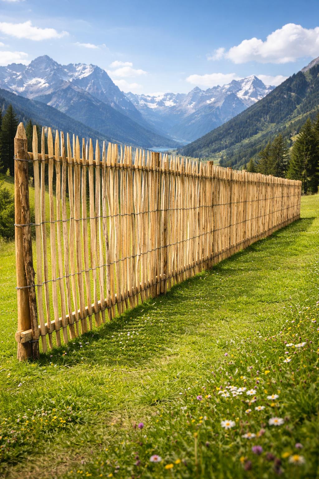 Staketenzaun aus Haselnuss – 150 cm Höhe, Lattenabstand 7-9 cm, 5 lfm Rolle